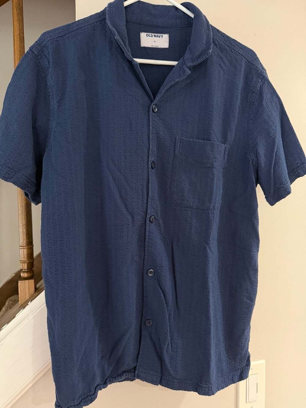 Old Navy Short-Sleeve Camp Shirt Size M Blue Textured Cotton
